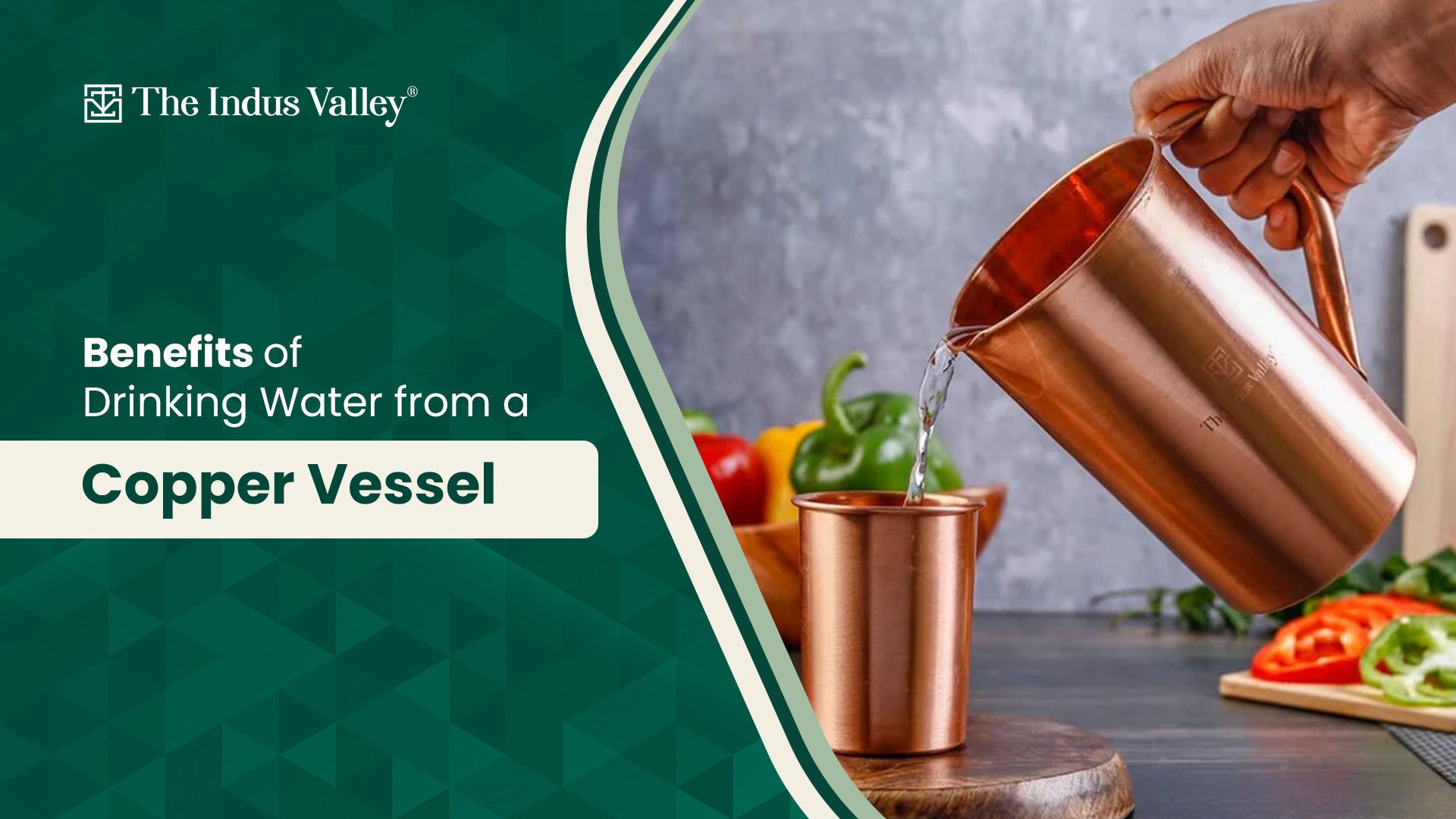 Hand pouring water from a polished copper pitcher into a copper glass, promotional graphic about benefits of drinking water from a copper vessel