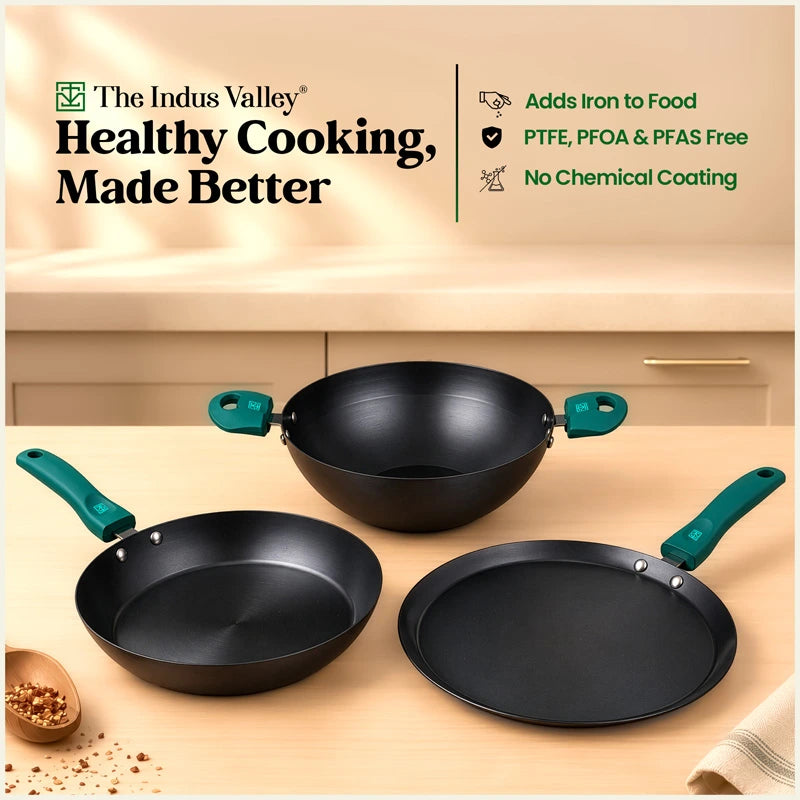 Nitrided Carbon Steel Combo Set of 3 – 26cm Tawa + 24cm Kadai + 24cm Fry Pan| Rust-Free | No Sticking