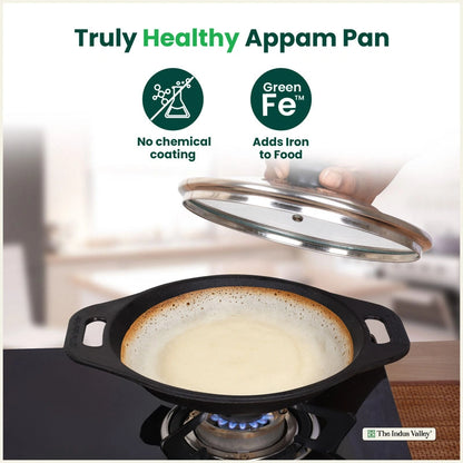 Premium CASTrong Cast Iron Appam Pan/Appa chetty for Kitchen, Glass Lid, Pre-seasoned, Nonstick, 100% Pure, Toxin-free, Induction, 22cm, 1.5kg