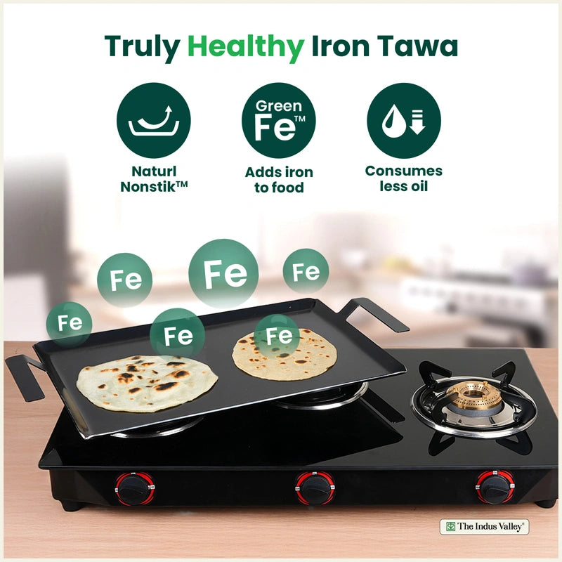 100% Pure Iron Rectangular Tawa with Double Handles, Pre-Seasoned, Toxin-free, Induction, 30cm