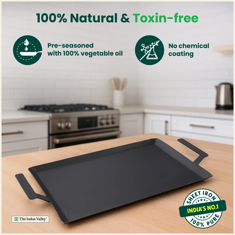 100% Pure Iron Rectangular Tawa with Double Handles, Pre-Seasoned, Toxin-free, Induction, 30cm