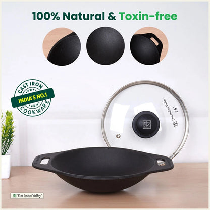 Premium CASTrong Cast Iron Appam Pan/Appa chetty for Kitchen, Glass Lid, Pre-seasoned, Nonstick, 100% Pure, Toxin-free, Induction, 22cm, 1.5kg