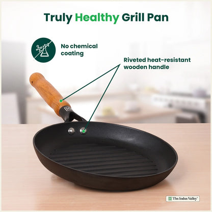 CASTrong Cast Iron Grill Pan with Wooden Handle,Pre-seasoned, 100% Pure, Toxin-free, Induction, 24.3cm, 1.4kg