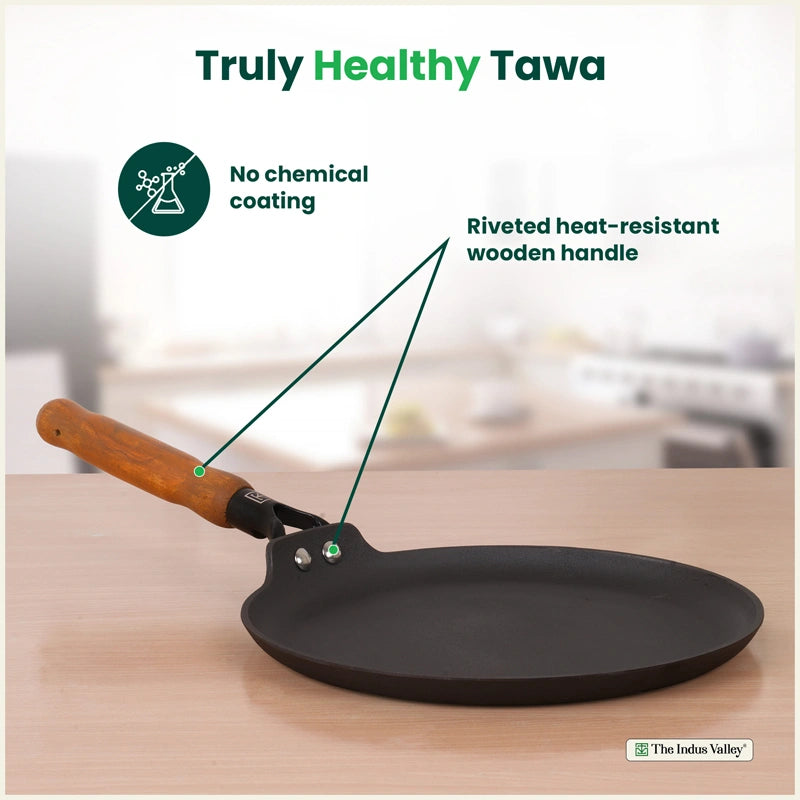CASTrong Cast Iron Dosa Tawa with Wooden Handle, Pre-seasoned, Nonstick, 100% Pure, Toxin-free, Large 28.2cm, 2kg