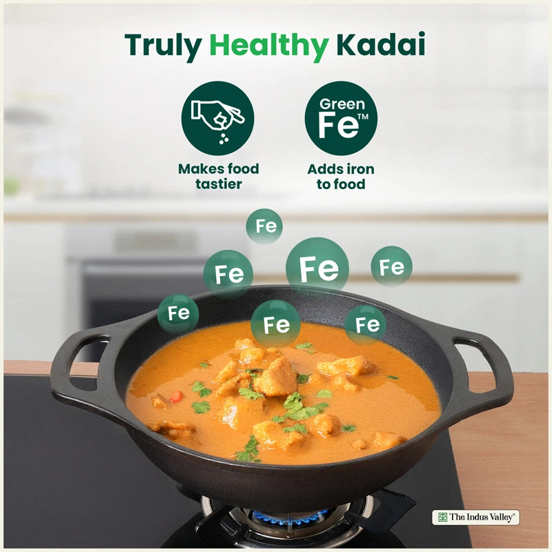 CASTrong Cast Iron Kadai, Pre-seasoned, Nonstick, 100% Pure, Toxin-free, Medium 25.5cm, 2.7kg