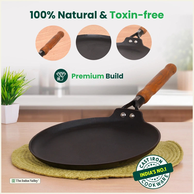 CASTrong Cast Iron Dosa Tawa with Wooden Handle, Pre-seasoned, Nonstick, 100% Pure, Toxin-free, Large 28.2cm, 2kg