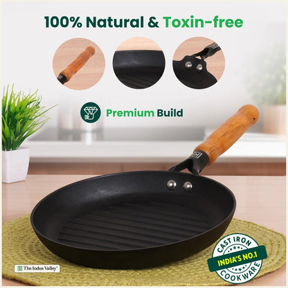 CASTrong Cast Iron Grill Pan with Wooden Handle,Pre-seasoned, 100% Pure, Toxin-free, Induction, 24.3cm, 1.4kg