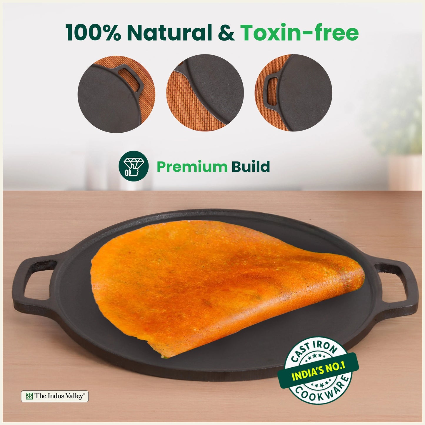 CASTrong Cast Iron Double Handle Tawa, Pre-seasoned, Nonstick, 100% Pure, Toxin-free, Large 30.1cm, 3kg