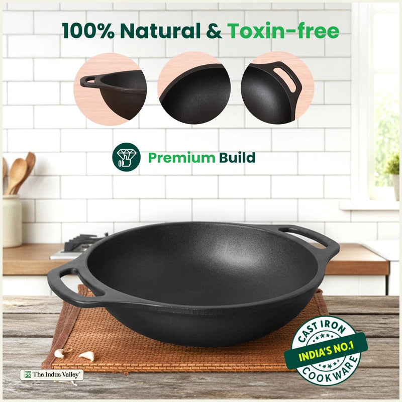 CASTrong Cast Iron Kadai, Pre-seasoned, Nonstick, 100% Pure, Toxin-free, Medium 25.5cm, 2.7kg