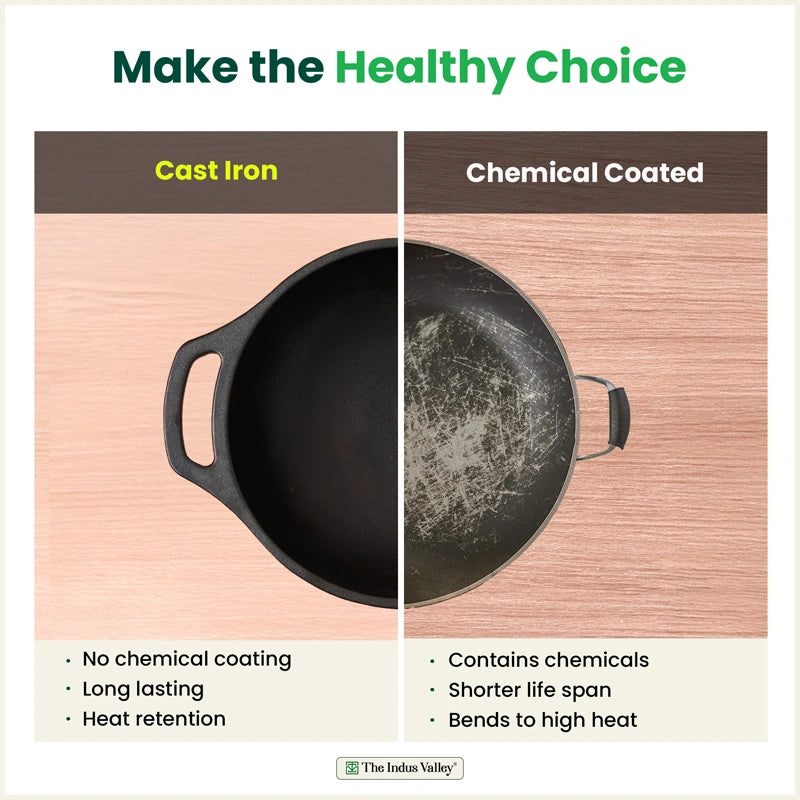 CASTrong Cast Iron Kadai, Pre-seasoned, Nonstick, 100% Pure, Toxin-free, Medium 25.5cm, 2.7kg