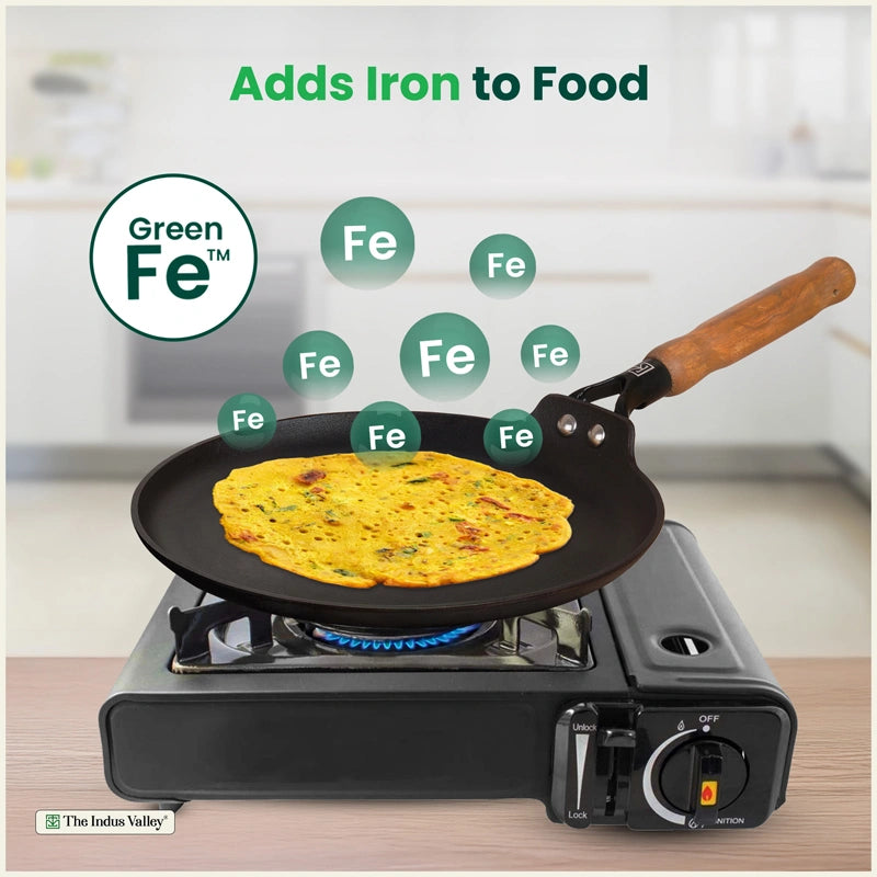 CASTrong Cast Iron Dosa Tawa with Wooden Handle, Pre-seasoned, Nonstick, 100% Pure, Toxin-free, Large 28.2cm, 2kg