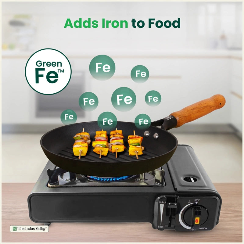 CASTrong Cast Iron Grill Pan with Wooden Handle,Pre-seasoned, 100% Pure, Toxin-free, Induction, 24.3cm, 1.4kg