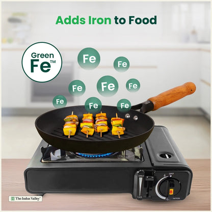 CASTrong Cast Iron Grill Pan with Wooden Handle,Pre-seasoned, 100% Pure, Toxin-free, Induction, 24.3cm, 1.4kg