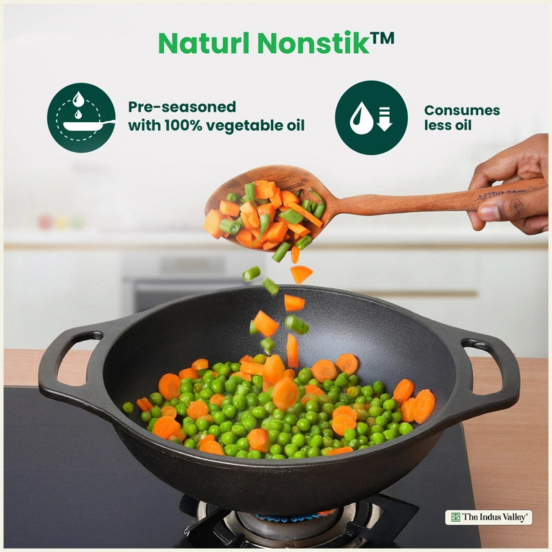 CASTrong Cast Iron Kadai, Pre-seasoned, Nonstick, 100% Pure, Toxin-free, Medium 25.5cm, 2.7kg