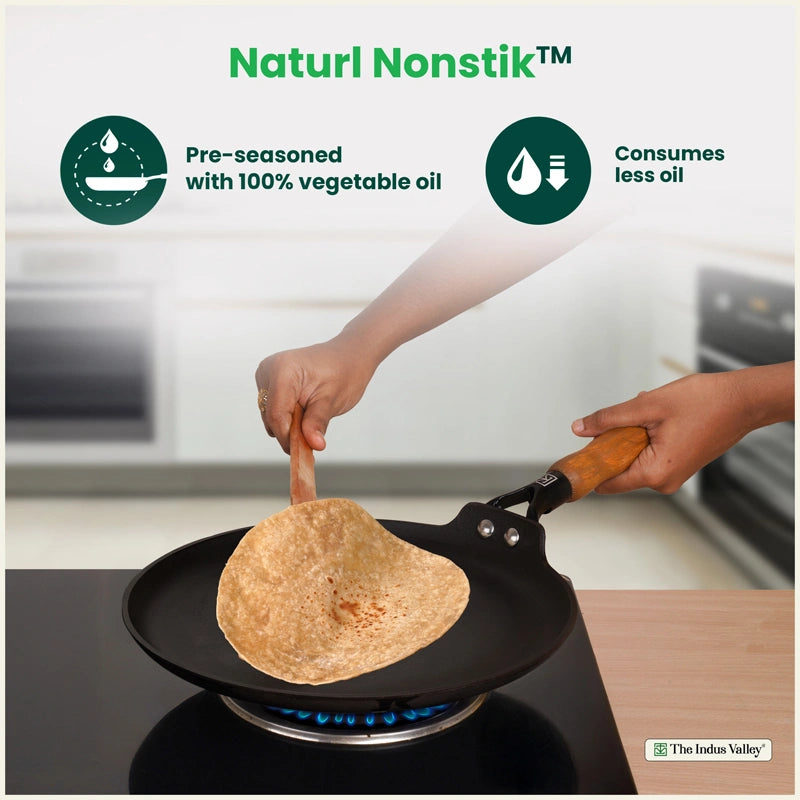 CASTrong Cast Iron Dosa Tawa with Wooden Handle, Pre-seasoned, Nonstick, 100% Pure, Toxin-free, Large 28.2cm, 2kg