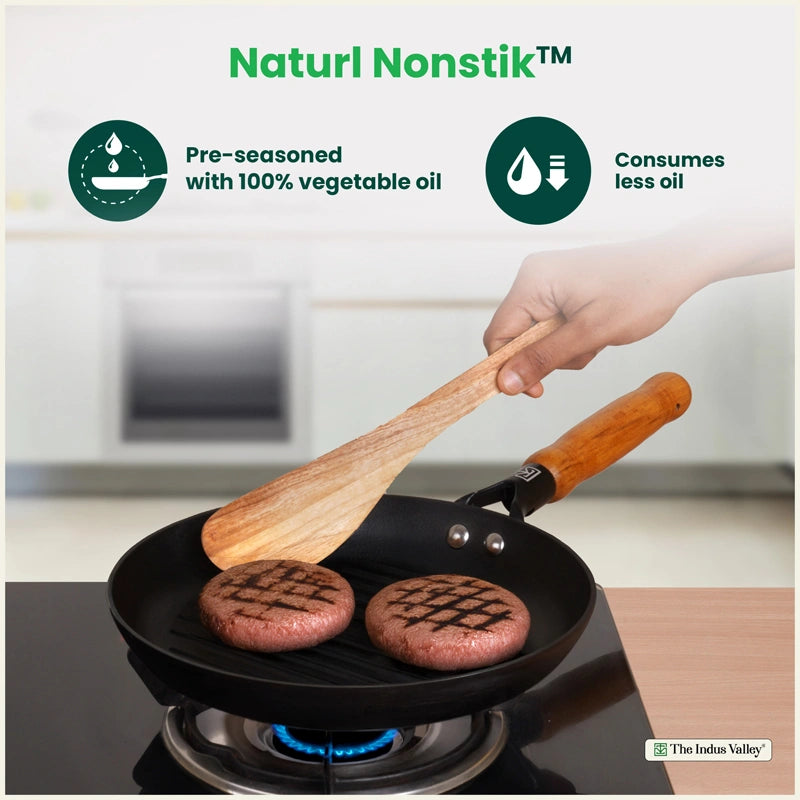 CASTrong Cast Iron Grill Pan with Wooden Handle,Pre-seasoned, 100% Pure, Toxin-free, Induction, 24.3cm, 1.4kg