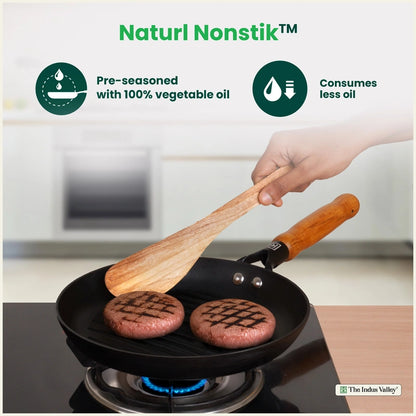 CASTrong Cast Iron Grill Pan with Wooden Handle,Pre-seasoned, 100% Pure, Toxin-free, Induction, 24.3cm, 1.4kg