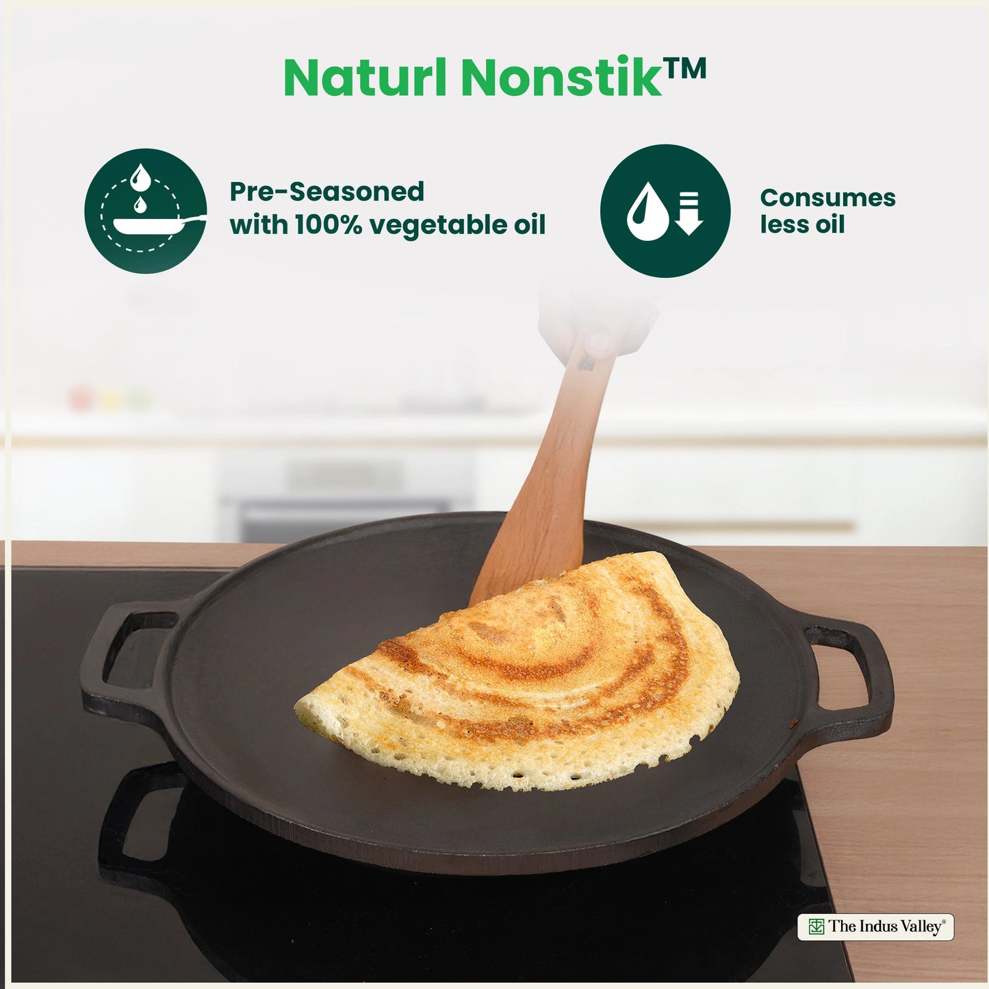CASTrong Cast Iron Double Handle Tawa, Pre-seasoned, Nonstick, 100% Pure, Toxin-free, Large 30.1cm, 3kg
