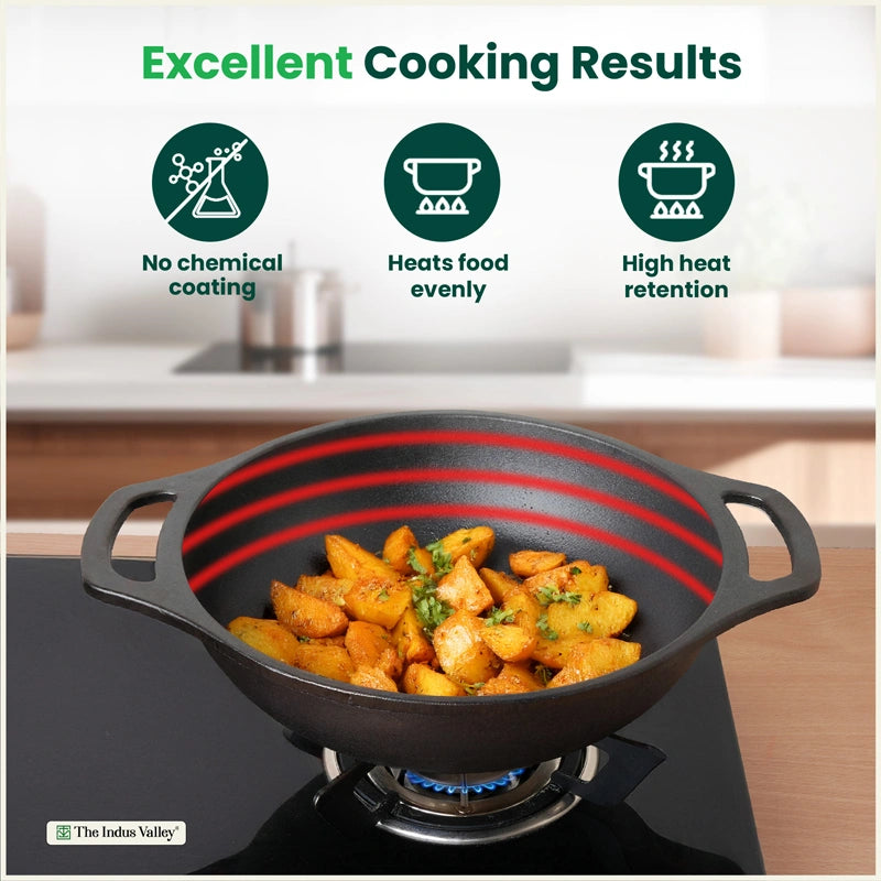 CASTrong Cast Iron Kadai, Pre-seasoned, Nonstick, 100% Pure, Toxin-free, Medium 25.5cm, 2.7kg