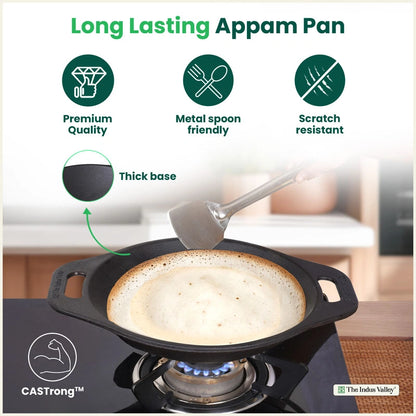 Premium CASTrong Cast Iron Appam Pan/Appa chetty for Kitchen, Glass Lid, Pre-seasoned, Nonstick, 100% Pure, Toxin-free, Induction, 22cm, 1.5kg