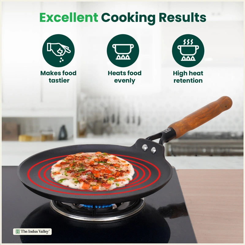 CASTrong Cast Iron Dosa Tawa with Wooden Handle, Pre-seasoned, Nonstick, 100% Pure, Toxin-free, Large 28.2cm, 2kg