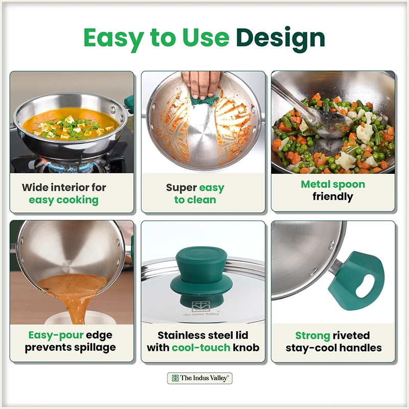 TurboCuk Tri-ply Stainless Steel Wok Kadai 1.3/3L, Premium Quality, 3 Layer Thick Body, 100% Toxin-free, Non-stick, 18/20/22/24/26 cm