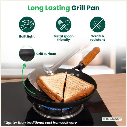 CASTrong Cast Iron Grill Pan with Wooden Handle,Pre-seasoned, 100% Pure, Toxin-free, Induction, 24.3cm, 1.4kg
