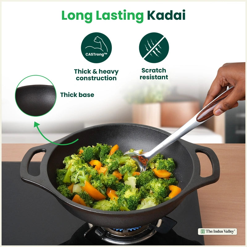 CASTrong Cast Iron Kadai, Pre-seasoned, Nonstick, 100% Pure, Toxin-free, Medium 25.5cm, 2.7kg