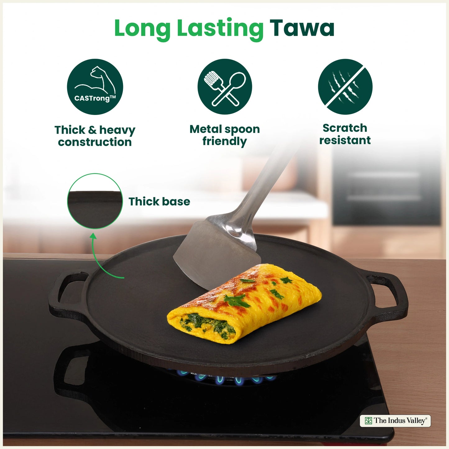 CASTrong Cast Iron Double Handle Tawa, Pre-seasoned, Nonstick, 100% Pure, Toxin-free, Large 30.1cm, 3kg