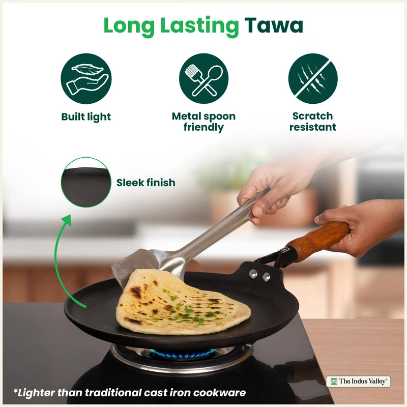 CASTrong Cast Iron Dosa Tawa with Wooden Handle, Pre-seasoned, Nonstick, 100% Pure, Toxin-free, Large 28.2cm, 2kg