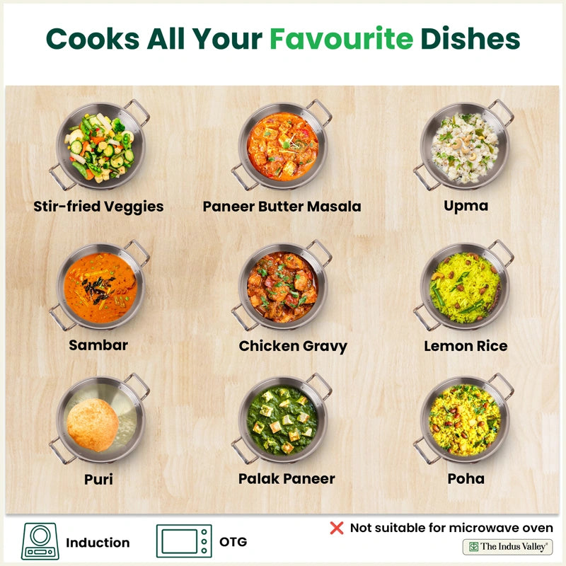 Tri-ply Stainless Steel Kadai with Steel Lid, Premium Quality, 3 Layer Thick Body, 100% Toxin-free, Non-stick, Induction & Gas, 20cm/22cm/24cm/26cm/28cm