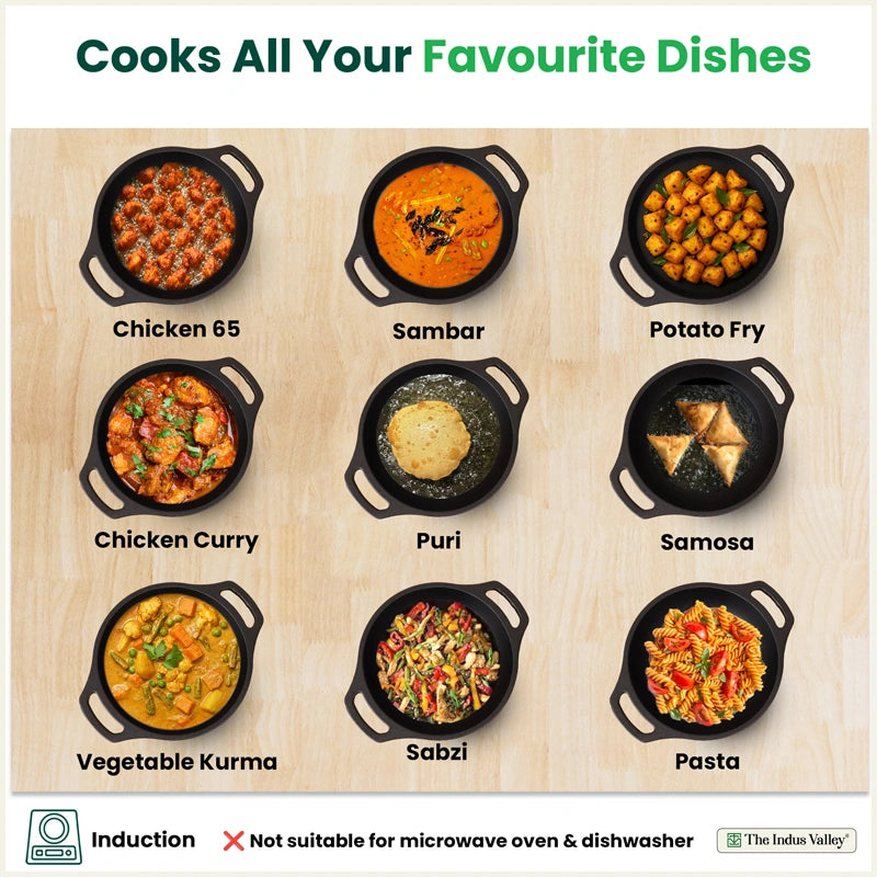 CASTrong Cast Iron Kadai, Pre-seasoned, Nonstick, 100% Pure, Toxin-free, Medium 25.5cm, 2.7kg