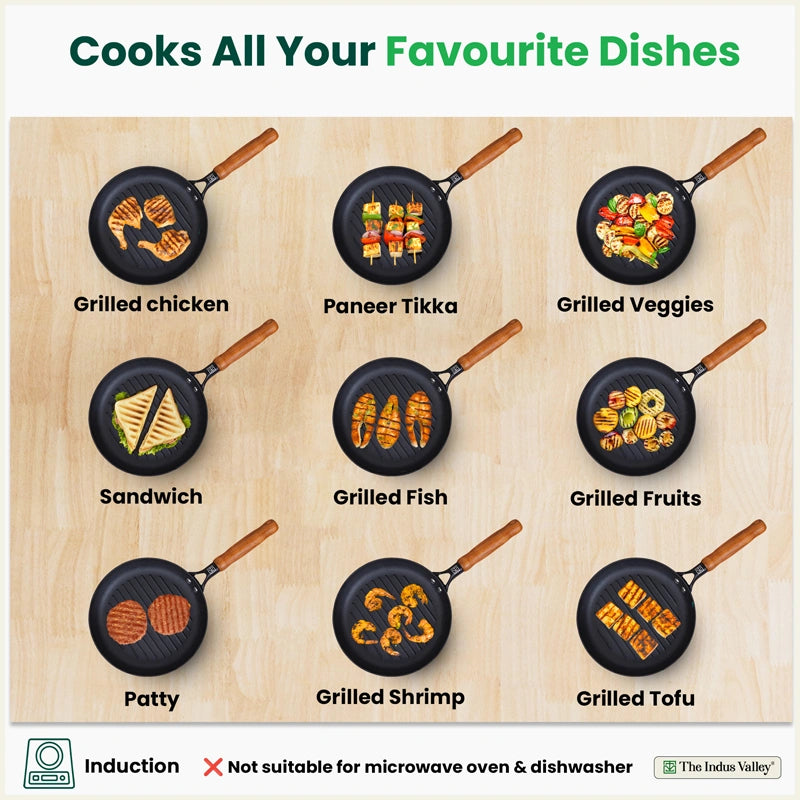 CASTrong Cast Iron Grill Pan with Wooden Handle,Pre-seasoned, 100% Pure, Toxin-free, Induction, 24.3cm, 1.4kg