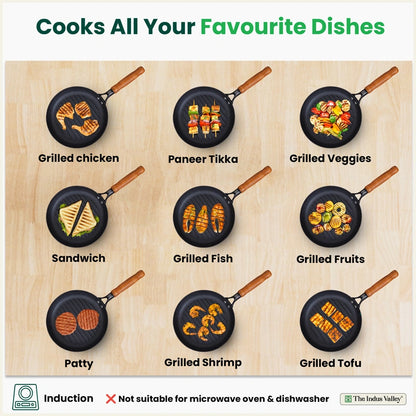 CASTrong Cast Iron Grill Pan with Wooden Handle,Pre-seasoned, 100% Pure, Toxin-free, Induction, 24.3cm, 1.4kg