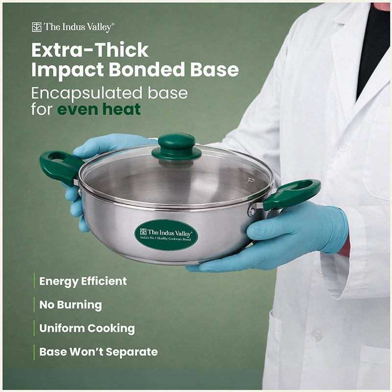 Premium Stainless Steel Impact Bonded Cookware Set: Kadai with common glass lid(22cm)+Frypan(22cm)with common glass lid, Tri-ply (3 Layer) Bottom, Induction & Gas