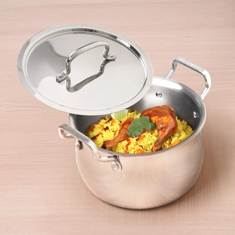 Tri-ply Stainless Steel Handi Shaped Biryani Pot/ Casserole/ Sauce Pot with Steel Lid, Premium Quality, 3 Layer Thick Body and 5-ply Bottom, 100% Toxin-free, Non-stick, Induction & Gas, 2L/2.6L/4L