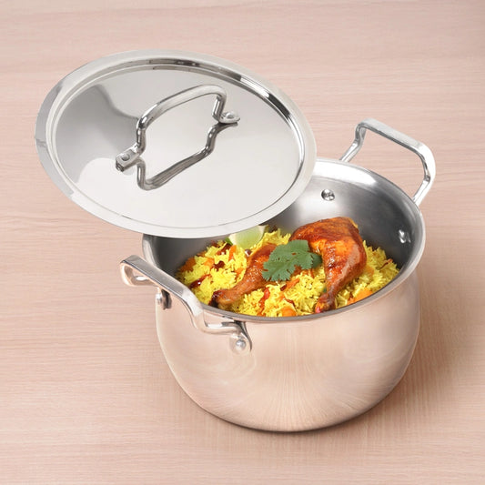 Tri-ply Stainless Steel Handi Shaped Biryani Pot/ Casserole/ Sauce Pot with Steel Lid, Premium Quality, 3 Layer Thick Body, 100% Toxin-free, Non-stick, Induction & Gas, 2L/2.6L/4L/4.5L/6.5L
