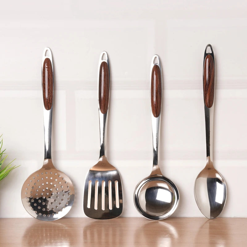 Premium Stainless Steel Ladle Set with Woody Handle – Set of 4 | Solid Spoon, Slotted Turner, Skimmer & Ladle | Heat-Resistant, 100% Food-Safe, Rust-Free, Easy to Clean