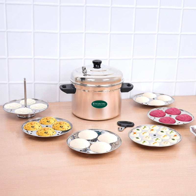Premium Stainless Steel idlipot Regular and Mini idli plates Idli/ Momo Maker/ Veg Steaming Set, Induction & Gas compatible
