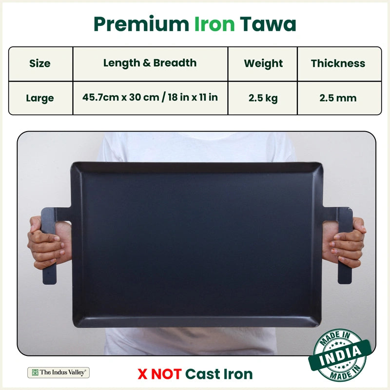 100% Pure Iron Rectangular Tawa with Double Handles, Pre-Seasoned, Toxin-free, Induction, 30cm