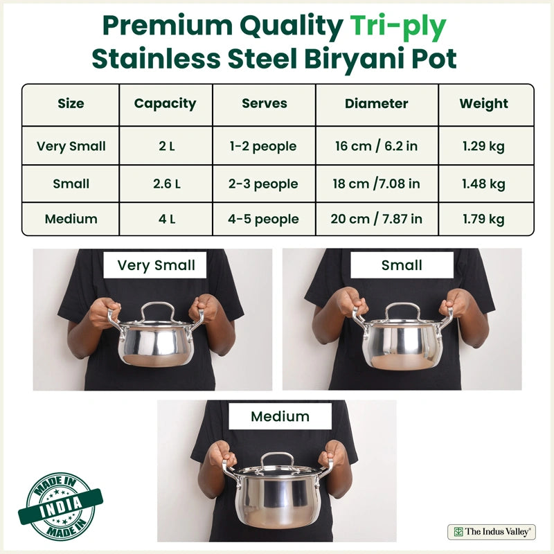 Tri-ply Stainless Steel Handi Shaped Biryani Pot/ Casserole/ Sauce Pot with Steel Lid, Premium Quality, 3 Layer Thick Body and 5-ply Bottom, 100% Toxin-free, Non-stick, Induction & Gas, 2L/2.6L/4L
