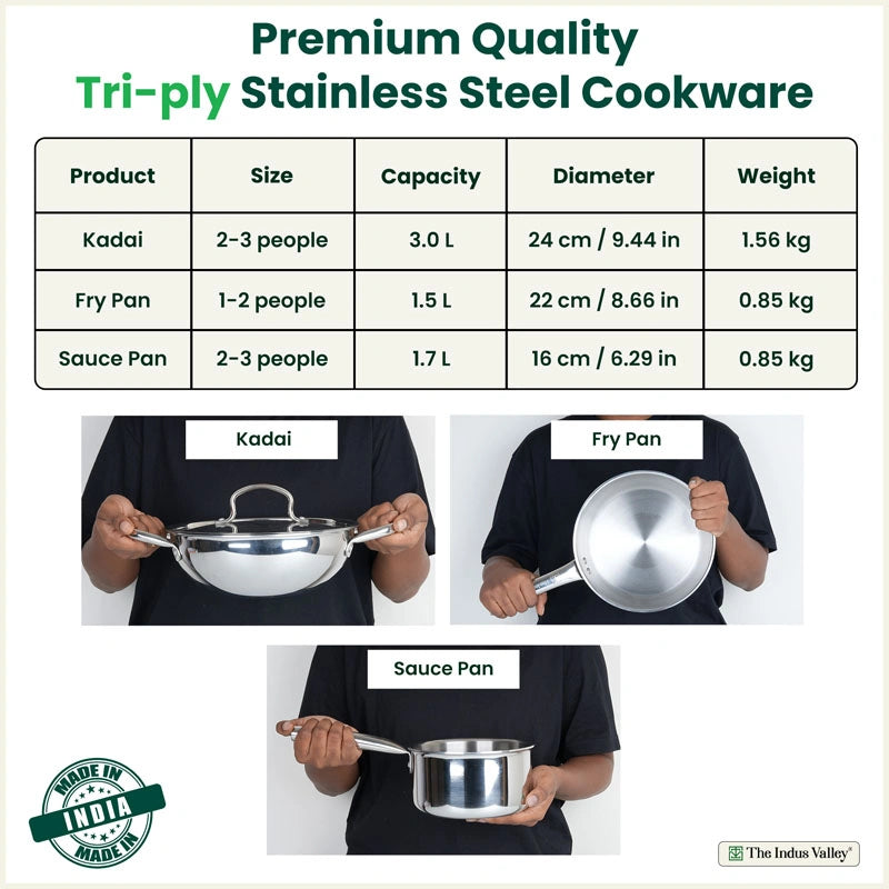 TurboCuk Tri-ply Stainless Steel Cookware Set: 24cm Kadai with Lid + 22cm Fry Pan + 16cm Sauce pan, Premium Quality, 3 Layer Thick Body, 100% Toxin-free, Non-stick, Induction & Gas