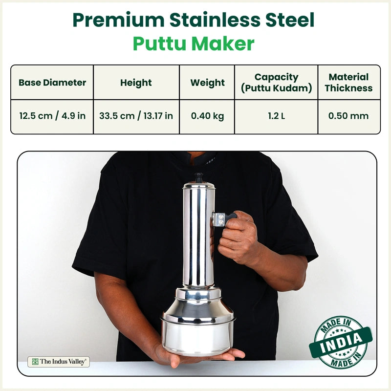 Stainless Steel Puttu Maker, Premium Quality, 100% Toxin-free, Non-stick, Bakelite Handle, Induction & Gas, 1.2L