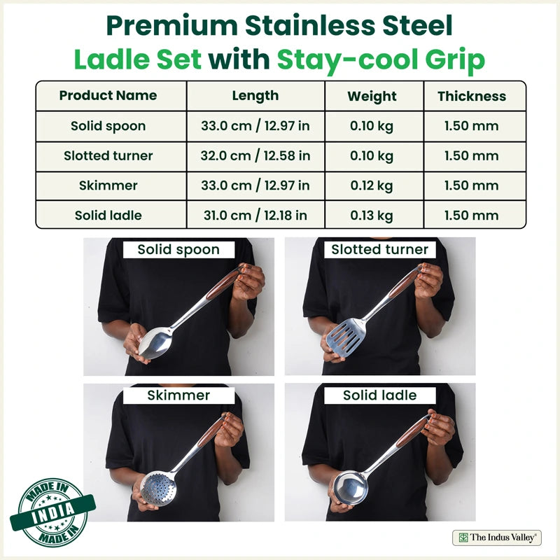 Premium Stainless Steel Ladle Set with Woody Handle – Set of 4 | Solid Spoon, Slotted Turner, Skimmer & Ladle | Heat-Resistant, 100% Food-Safe, Rust-Free, Easy to Clean