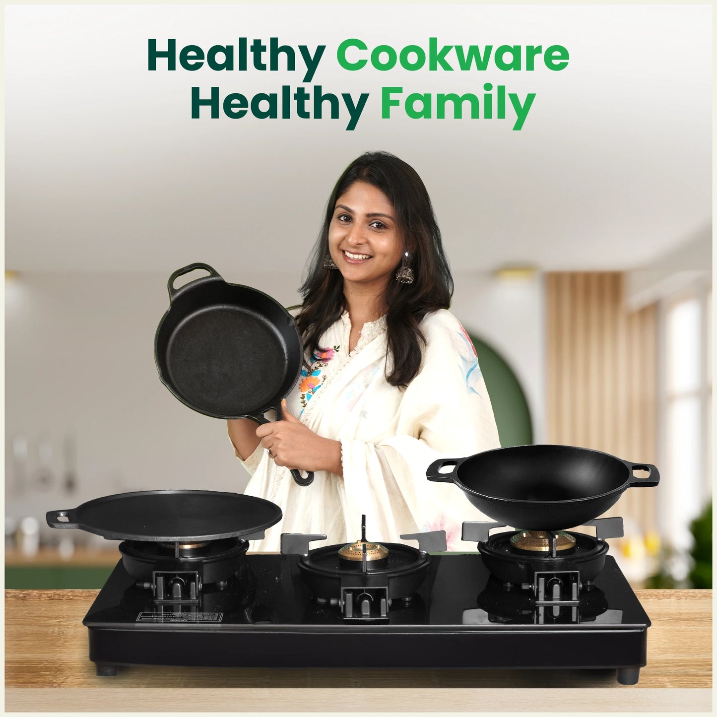 CASTrong Cast Iron Double Handle Tawa with Silicon Handle, Pre-seasoned, Naturally Nonstick, 100% Pure, Toxin-free, Dosa Tawa for Kitchen Use, 11 In/27.9 cm/2 kg