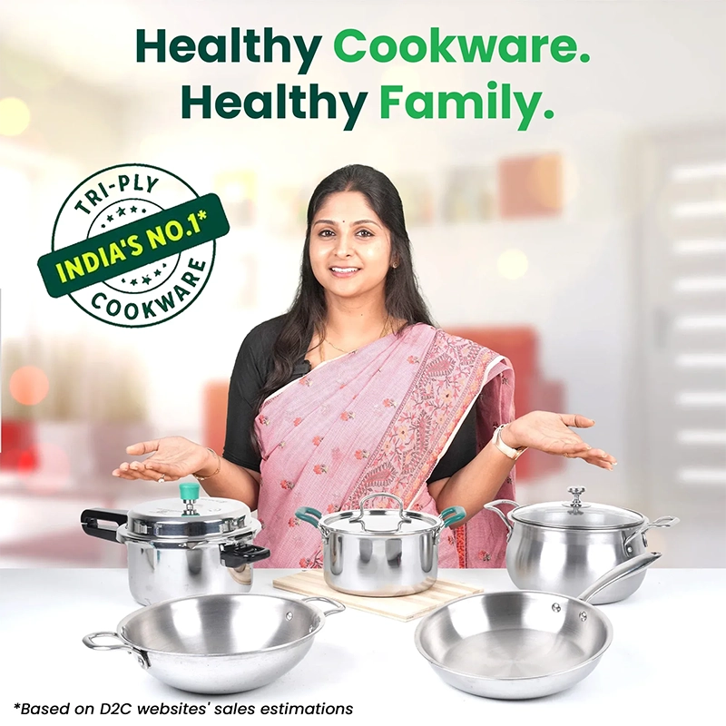 Tri-ply Stainless Steel Biryani Pot/ Casserole/ Sauce Pot with Steel Lid, Premium Quality, 3 Layer Thick Body and 5-ply Bottom, 100% Toxin-free, Non-stick, Induction & Gas, 2.3L/18cm