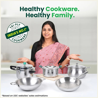 Tri-ply Stainless Steel Kadai with Steel Lid, Premium Quality, 3 Layer Thick Body, 100% Toxin-free, Non-stick, Induction & Gas, 20cm/22cm/24cm/26cm/28cm
