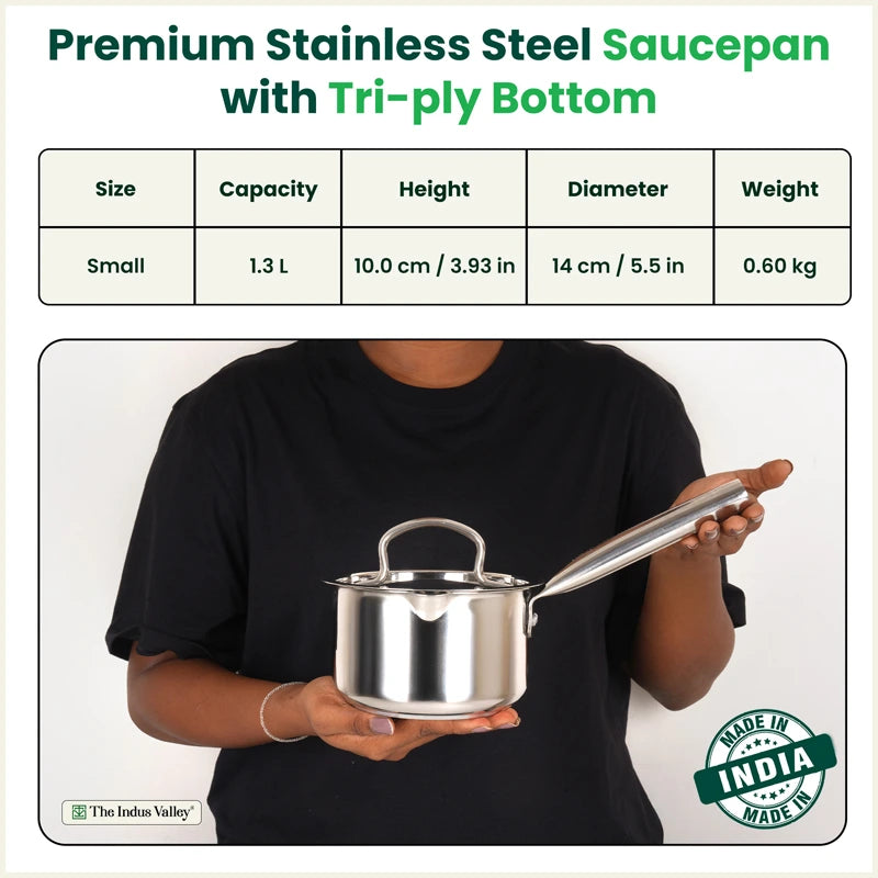 100% Premium Quality Tri-Steel Stainless Steel Tea/Milk Pan/Saucepan, 3 Layer Thick Bottom, Non-stick, Induction & Gas, 1.3L