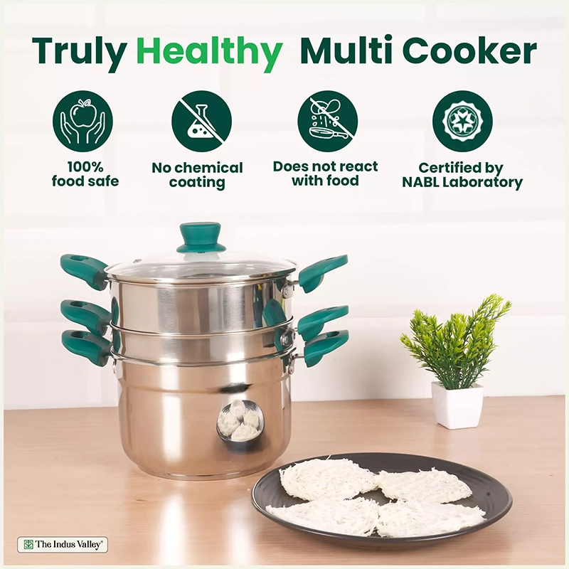 Tri-steel Multi Cooker Pot Premium Stainless Steel Momo Maker/ Idiyappam/ Biryani/ Veg Steaming Set, 3 Pots, 21cm