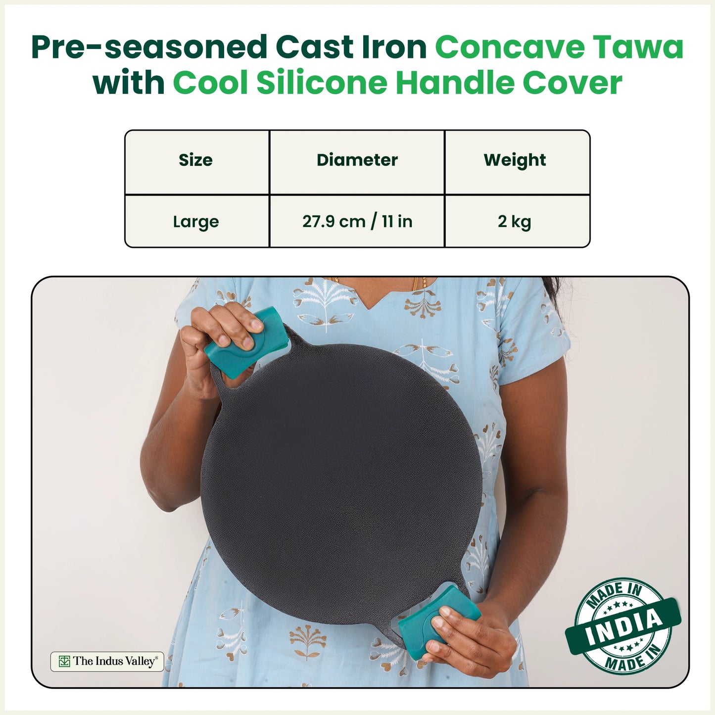 CASTrong Cast Iron Double Handle Tawa with Silicon Handle, Pre-seasoned, Naturally Nonstick, 100% Pure, Toxin-free, Dosa Tawa for Kitchen Use, 11 In/27.9 cm/2 kg